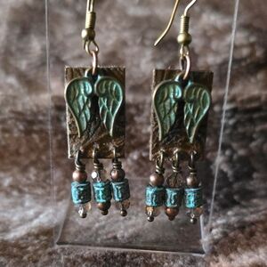 Artisan Angel Wing Earrings with Turquoise and Brown Beads